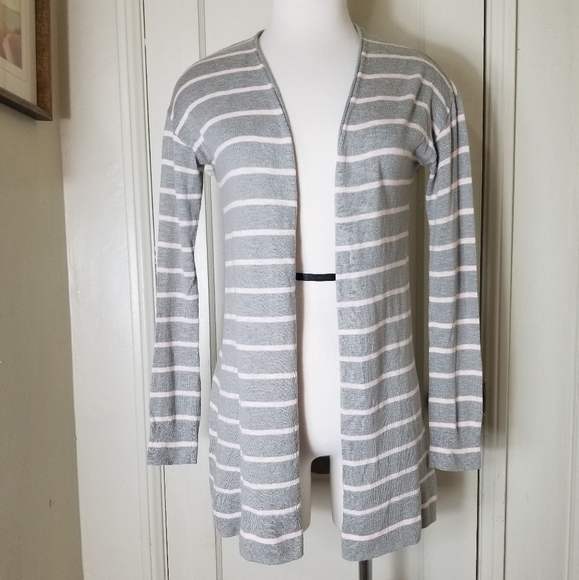 GAP S gray pink stripe 3/4 sleeve open front cardigan sweater - Picture 2 of 7